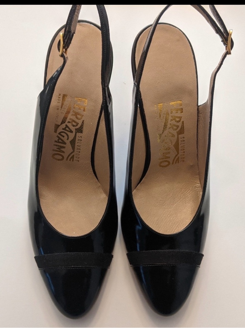 Salvatore Ferragamo Black Patent Leather Slingback Heels
